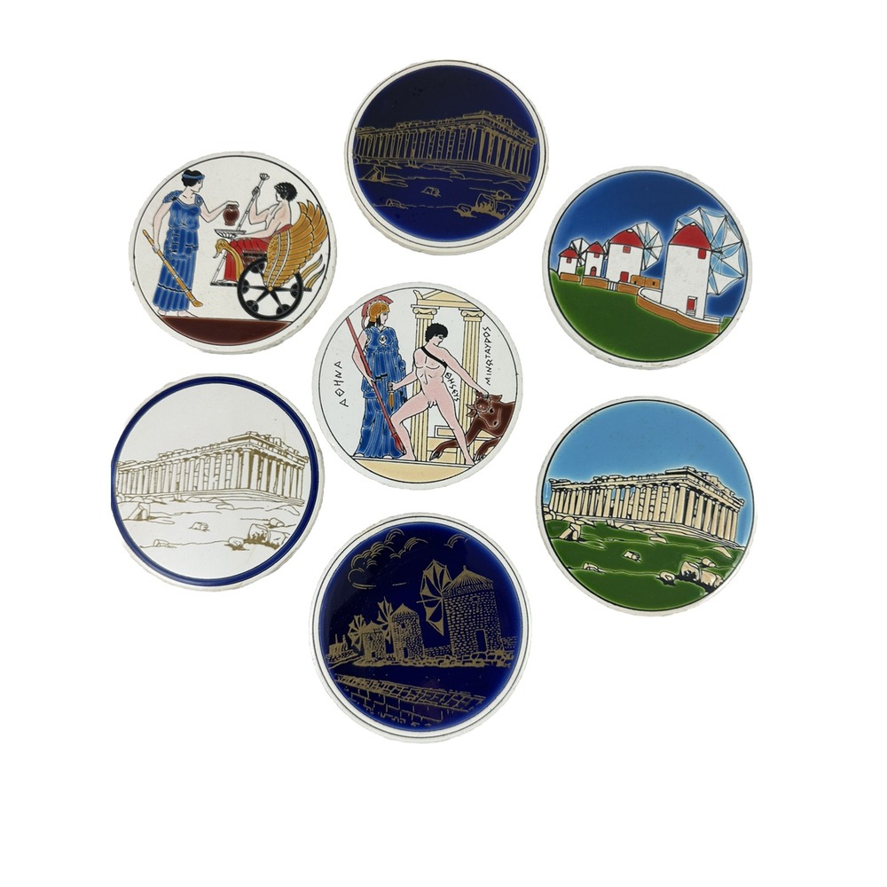 Pandora Greek Coasters 3.5" Parthenon Colorful Hand Painted Circular Set 7 Vtg